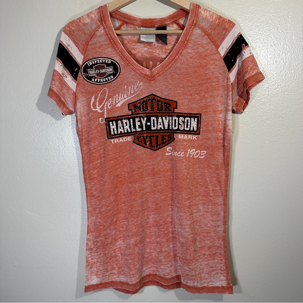 Harley-Davidson Womens Medium Genuine Oil Can Burnout Tee Vintage Orange - Picture 1 of 8
